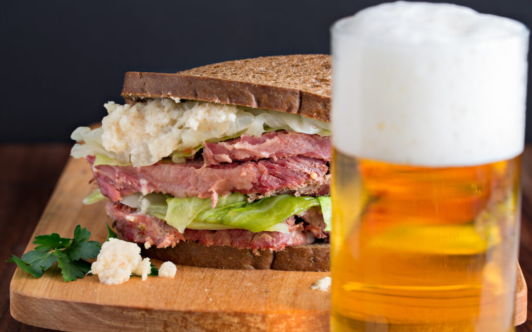Montreal Smoked Meat Sandwich with a beer
