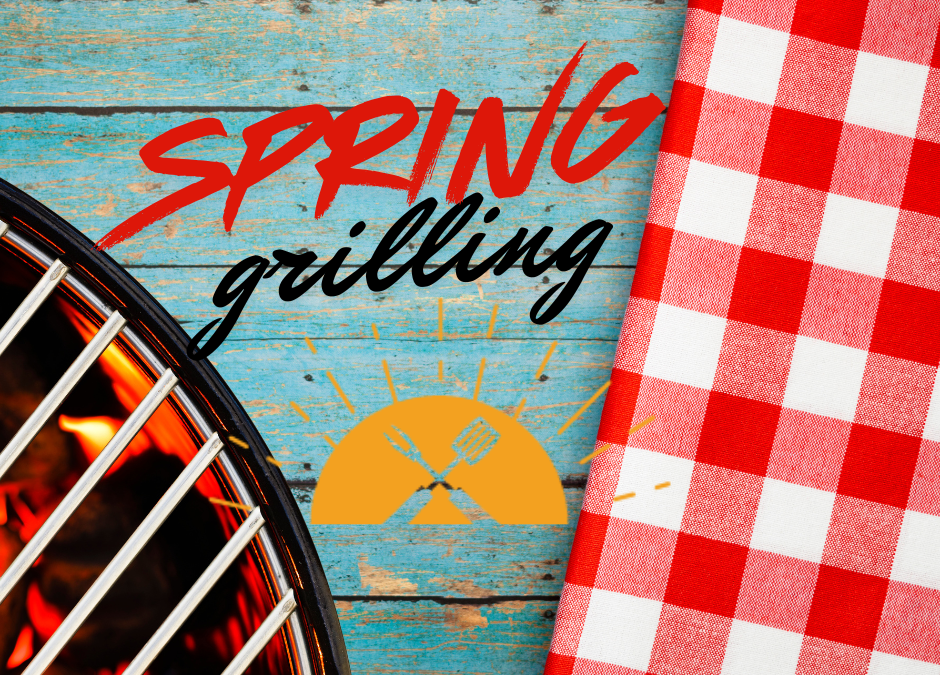 a teal blue wood background with a checkered red and white table cloth folded to the right side. On the left side is a corner of a charcoal grill