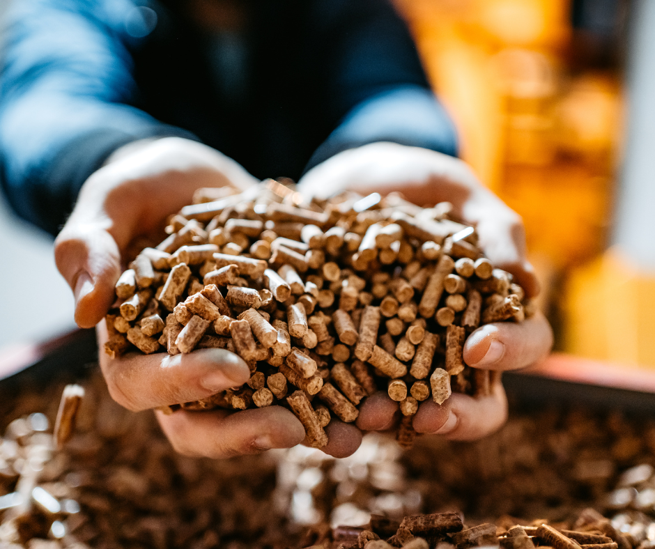 Wood pellets in two hands above a bin of wood pellets