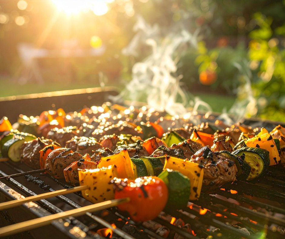 a grill with kabobs on it, a smokey haze coming up in the fading sunlight outside with what looks like tomato plants in the background